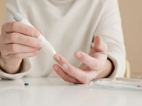 A finger-prick blood sugar test