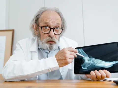 A doctor showing a foot x-ray on a tablet