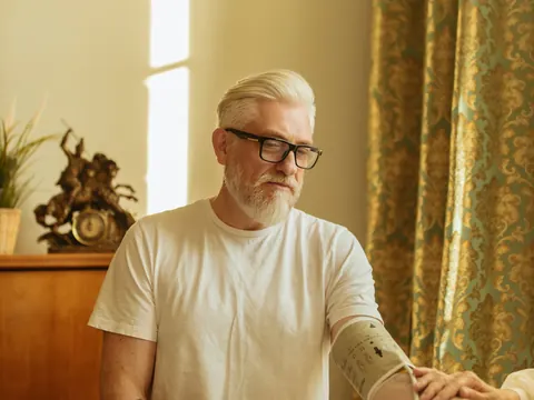 An older man checking his blood pressure at his table